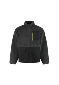 Szary polarowy kurtka z czarnym nylonowym dołem, wysoki kołnierz i zapinana na zamek kieszeń na piersi. Posiada jasnoniebieski akcent zamka.