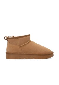 Brown suede ankle boot with fleece lining, flat rubber sole, and pull tab at heel, designed for warmth and casual wear.
