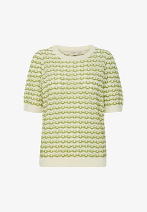 Pull en maille à manches courtes, couleur crème, avec motif en vagues vertes. Il présente un col rond et un tissu texturé, léger.