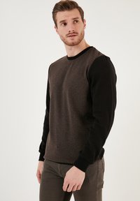 Brown textured sweater with black sleeves, round neckline, and ribbed cuffs. Subtle diagonal pattern on the front adds detail.