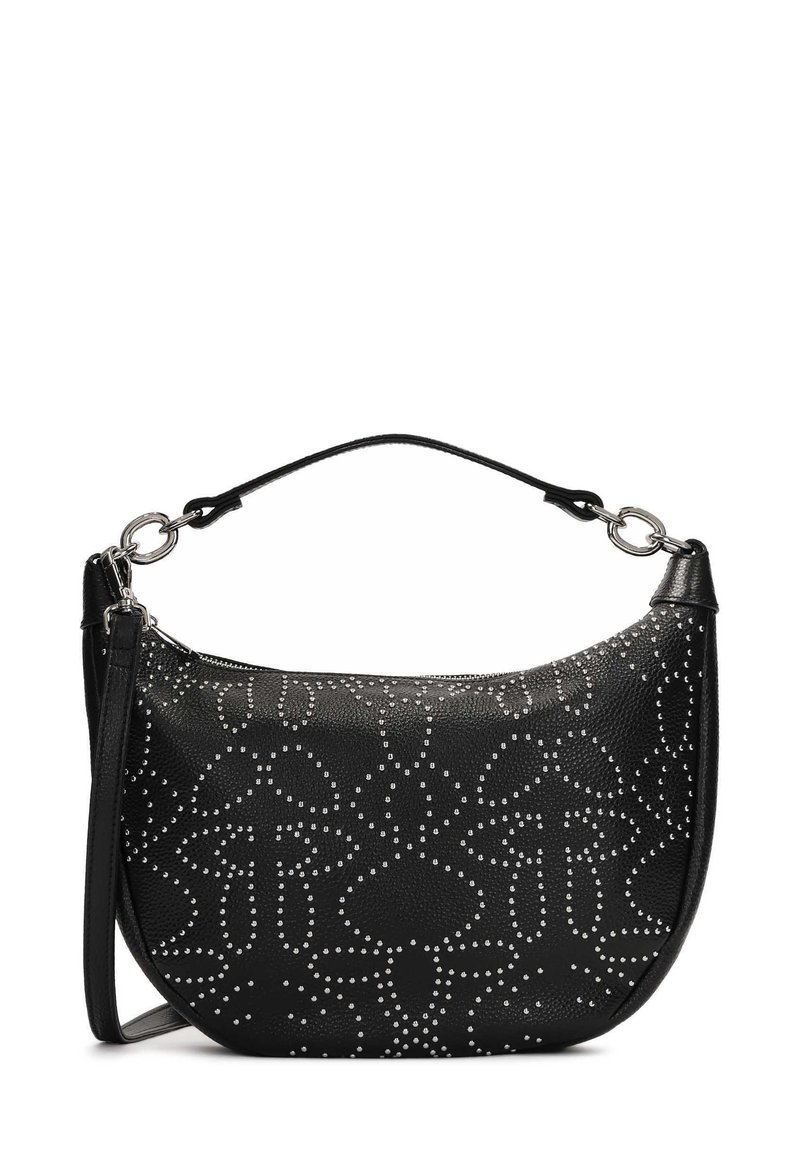 Borsa a mano in pelle nera con motivo floreale decorato da borchie argentate, forma semicircolare, manico superiore e tracolla regolabile.