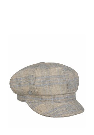 Beige and light gray checkered newsboy cap with a short flattened brim and a branded metal button on the side.