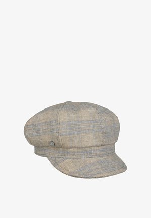 Beige and light gray checkered newsboy cap with a short flattened brim and a branded metal button on the side.