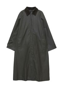Cappotto lungo di colore verde scuro, realizzato in tessuto liscio, con colletto in corduroy, due tasche frontali e design dritto.