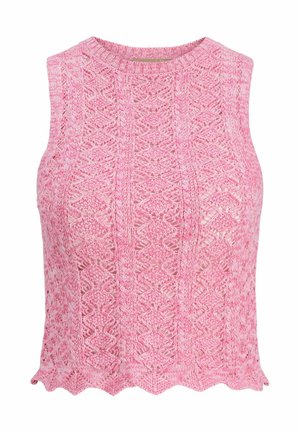 Różowy, dziany bezrękawnik z teksturowanym wzorem diamentowym i falbaniastym końcem. Wykonany z lekkiego materiału, o luźnym kroju.