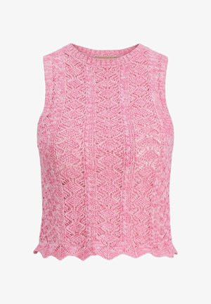 Rózsaszín, kötött, ujjatlan felső, amelynek texturált gyémántmintája és fodros alsó része van. Könnyű anyagból készült, laza szabással.