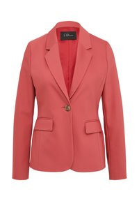 Korallenfarbener Blazer mit strukturiertem Design, mit spitzen Revers, einer Ein-Knopf-Verschluss und zwei vorderen Taschen. Hergestellt aus einem glatten Stoff.
