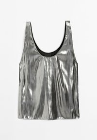 Stříbrný metalický top bez rukávů s hladkým, lesklým povrchem, s kulatým výstřihem a černým lemováním kolem krku.