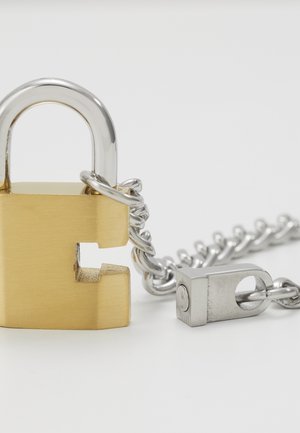 Kultainen riippulukko, jonka avattu lukko-osa on kiinnitetty hopeiseen ketjuun ja joka lepää valkoisella pinnalla.