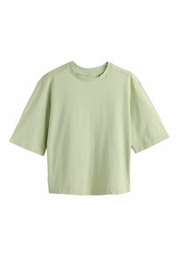 T-shirt oversize à manches courtes en coton de couleur vert clair, avec un col rond et une coupe décontractée, sur fond blanc.