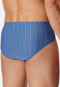 Blaue Schwimmslips mit vertikalen schwarzen Streifen, ausgestattet mit einer glatten Textur und einem elastischen Bund, entworfen für eine enganliegende Passform.