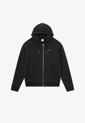 Black zip-up hoodie made of soft fabric, featuring a drawstring hood, kangaroo pockets, ribbed cuffs, and small gold logo on the chest.