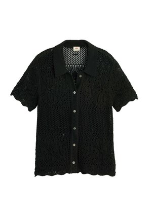 Black short-sleeve crochet cardigan with collar, button-down front, and floral lace patterns throughout the fabric.