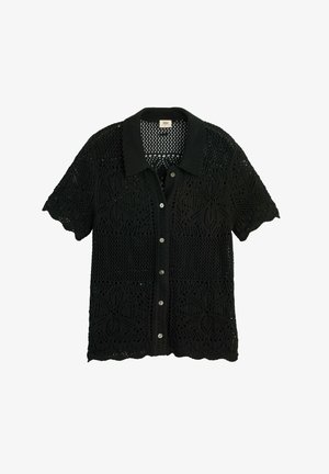 Black short-sleeve crochet cardigan with collar, button-down front, and floral lace patterns throughout the fabric.