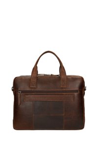 Brown leather briefcase with dual handles, front zipper pocket, structured shape, and a smooth texture. Features contrast stitching accents.