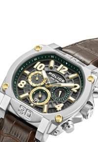 Silver-tone stainless steel watch with a green dial, gold accents, a brown crocodile-pattern strap, and sub-dials for dual time.