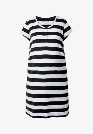 Zwart-witte horizontaal gestreepte jurk met korte mouwen, een ronde halslijn en drie knopen aan de voorkant.