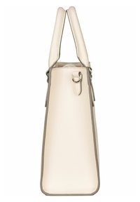 Cremfarbene Handtasche mit strukturiertem Design, strukturiertem Äußeren, doppelten Traggriffen und grauen Akzenten an der Basis und den Kanten.