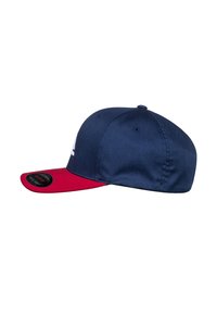 Navy blue cap with a red brim, made of fabric. Features a white logo on the front and a black accent tag on the brim's underside.