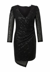 Schwarzes Pailletten-Kleid mit tiefem V-Ausschnitt, langen, figurbetonten Ärmeln und Wickeldesign. Verfügt über einen dezenten asymmetrischen Saum und eine glatte Textur.