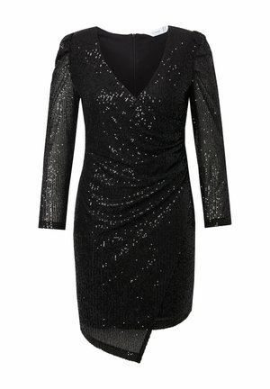 Robe noire en sequins avec un décolleté en V profond, des manches longues ajustées et un design enveloppant. Présente un ourlet asymétrique subtil et une texture lisse.
