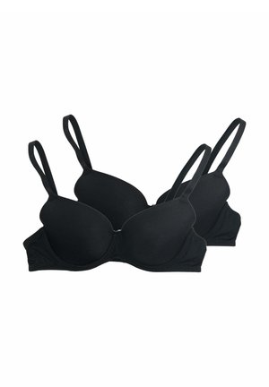 Due reggiseni neri imbottiti con spalline regolabili, disposti sovrapposti su sfondo bianco.