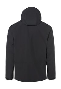 Zwarte waterdichte jas met een capuchon, met een gladde textuur, minimalistisch ontwerp en zonder zichtbare hardware of patronen.