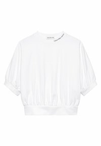 T-shirt bianco corto in cotone con maniche a sbuffo e orlo arricciato, presenta un collo rotondo con il marchio "Calvin Klein Jeans".