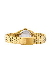 Reloj de acero inoxidable en tono dorado con pulsera de eslabones, caja hexagonal y cierre liso; la parte trasera de cristal revela el mecanismo interno.
