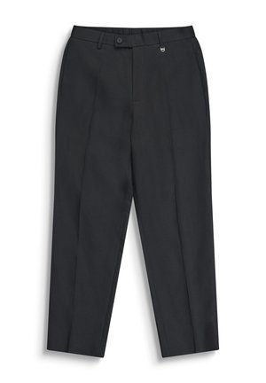 Pantalones negros a medida con trabillas para cinturón, botón frontal y cremallera, y bolsillos laterales, mostrados extendidos sobre un fondo blanco.