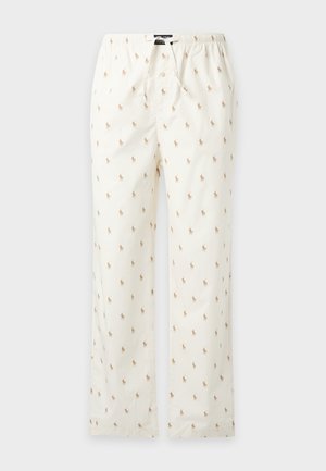 Weiße Pyjamahose mit kleinen beigen Reitmuster, mit elastischem Bund und vorderer Knopfverschluss.