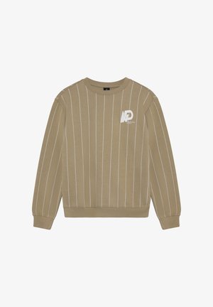 Felpa kaki con strisce verticali bianche, collo tondo e maniche lunghe. Presenta un logo bianco sul petto e orlo e polsini a coste.