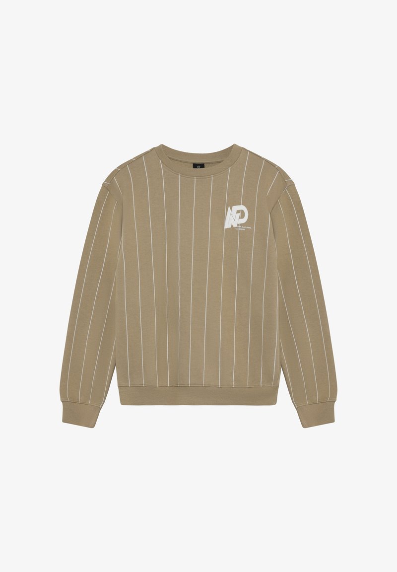 Sweat-shirt kaki avec des rayures blanches verticales, col rond et manches longues. Présente un logo blanc sur la poitrine ainsi qu'un ourlet et des poignets côtelés.