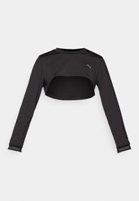 Schwarzes langärmliges Crop-Top aus glattem Stoff, mit einem Cut-Out-Design an der Vorderseite und Mesh-Akzenten an den Ärmeln.