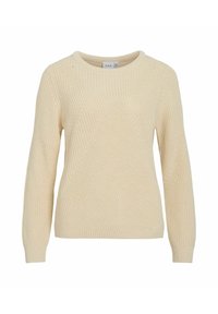 Pull en tricot de couleur crème avec des motifs texturés et des manches longues, col rond, et finitions côtelées aux poignets et à l'ourlet.