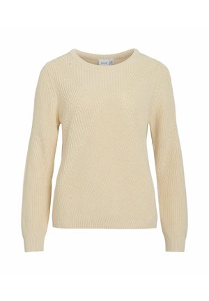 Pull en tricot de couleur crème avec des motifs texturés et des manches longues, col rond, et finitions côtelées aux poignets et à l'ourlet.