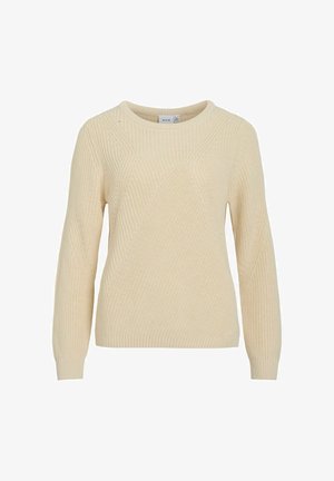 Suéter de punto color crema con patrones texturizados y mangas largas, escote redondo y puños y dobladillo acanalados.