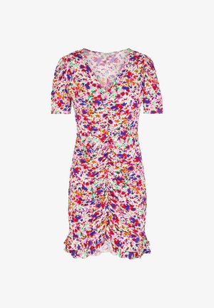 Jurk met V-hals en korte pofmouwen, gerimpeld aan de voorkant, met een gerafelde zoom, voorzien van een abstract bloemmotief in meerdere kleuren: roze, rood, paars, groen en oranje.