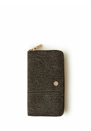 Portefeuille zippé texturé gris foncé avec fermeture éclair dorée et petit accent rond doré à l'avant, présenté fermé sur fond blanc.