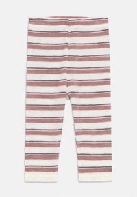 Stripete leggings i myk bomullstoff, med vekslende rosa og hvite striper, og en delikat blonderkant ved mansjettene.