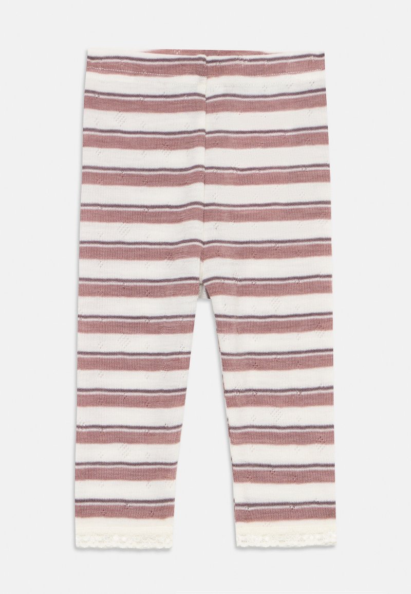 Stripete leggings i myk bomullstoff, med vekslende rosa og hvite striper, og en delikat blonderkant ved mansjettene.