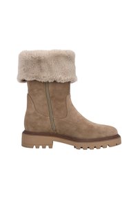 Ljusbruna mockastövlar med beige fuskpälskrage, sidodragkedja och tjock gummisula.