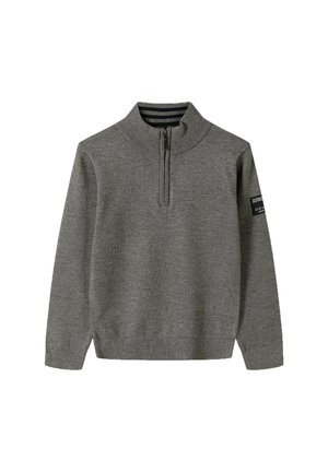 Maglione grigio a maglia con colletto a zip, colletto e polsini a coste. Presenta un colletto interno a strisce e una toppa con logo sulla manica sinistra.