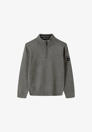 Grijze gebreide pullover trui met een ritskraag, geribbelde kraag en manchetten. Voorzien van een gestreepte binnenkraag en een logopatch op de linkermouw.