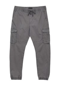 Pantaloni cargo grigi realizzati in un misto cotone, con una vita elastica con cordino, tasche laterali e polsini elastici alle caviglie.