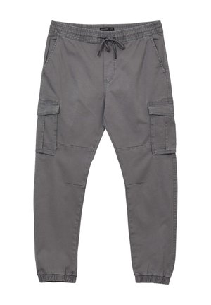 Graue Cargo-Hosen aus Baumwollmischung, mit einem elastischen Bund und Kordelzug, seitlichen Taschen und elastischen Bündchen an den Knöcheln.