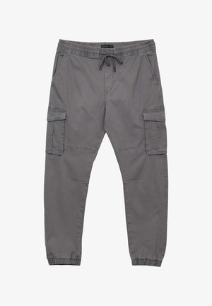 Pantaloni cargo grigi realizzati in un misto cotone, con una vita elastica con cordino, tasche laterali e polsini elastici alle caviglie.