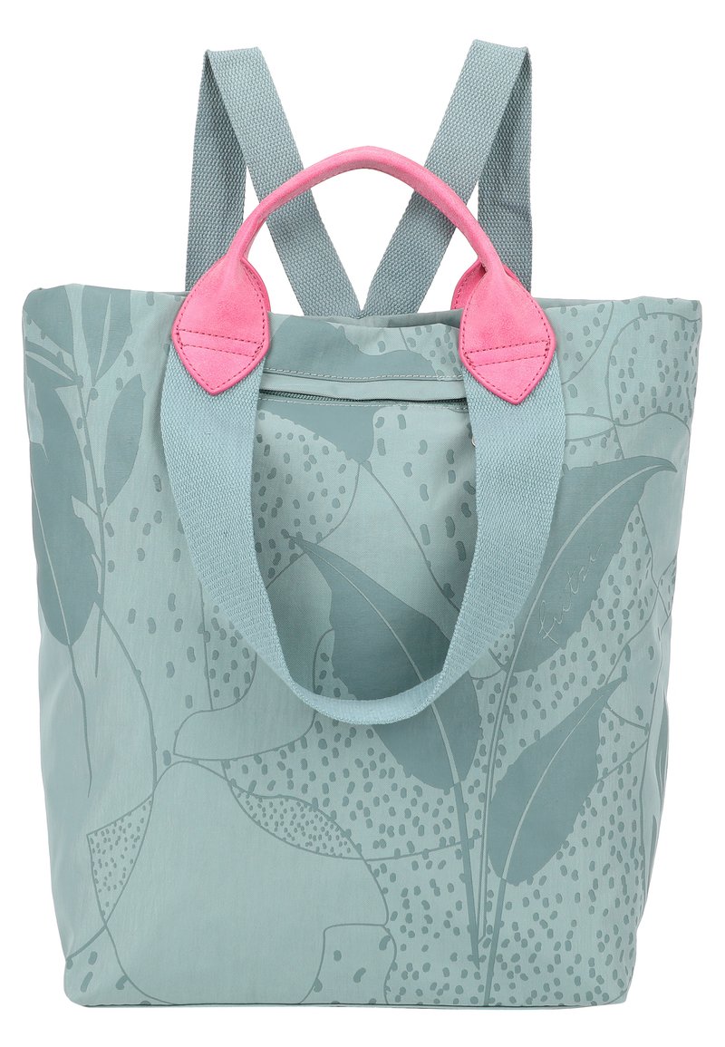 Bolso tote de color azul claro con patrones de hojas, detalles en cuero rosa, dobles asas y correas de hombro ajustables. Fabricado con tela duradera.