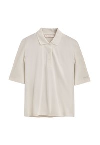 Crème kleurige polo shirt met een drieknopenlijst, korte mouwen en een subtiele merklogo op de mouw. Getextureerde stof.