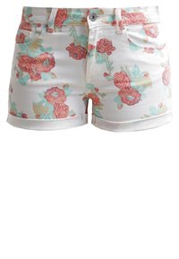 Květinové džínové šortky s bílým základem, růžovými růžemi a tyrkysovými listy, s ohrnutými lemy, klasickým designem s pěti kapsami a zapínáním na knoflík.